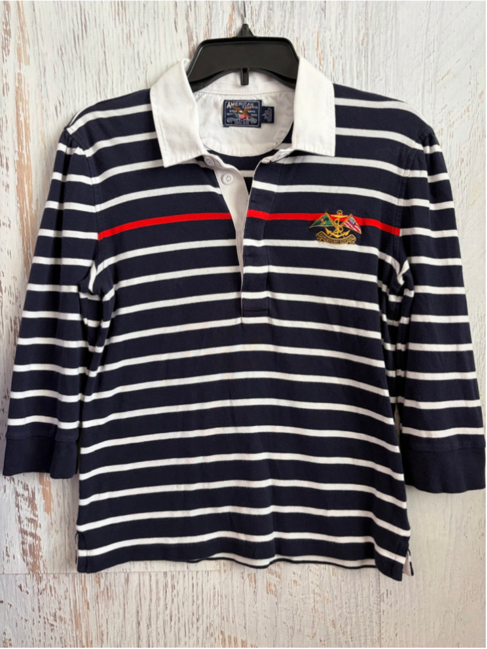 Women's American Living Striped Rugby Shirt Navy White Size L